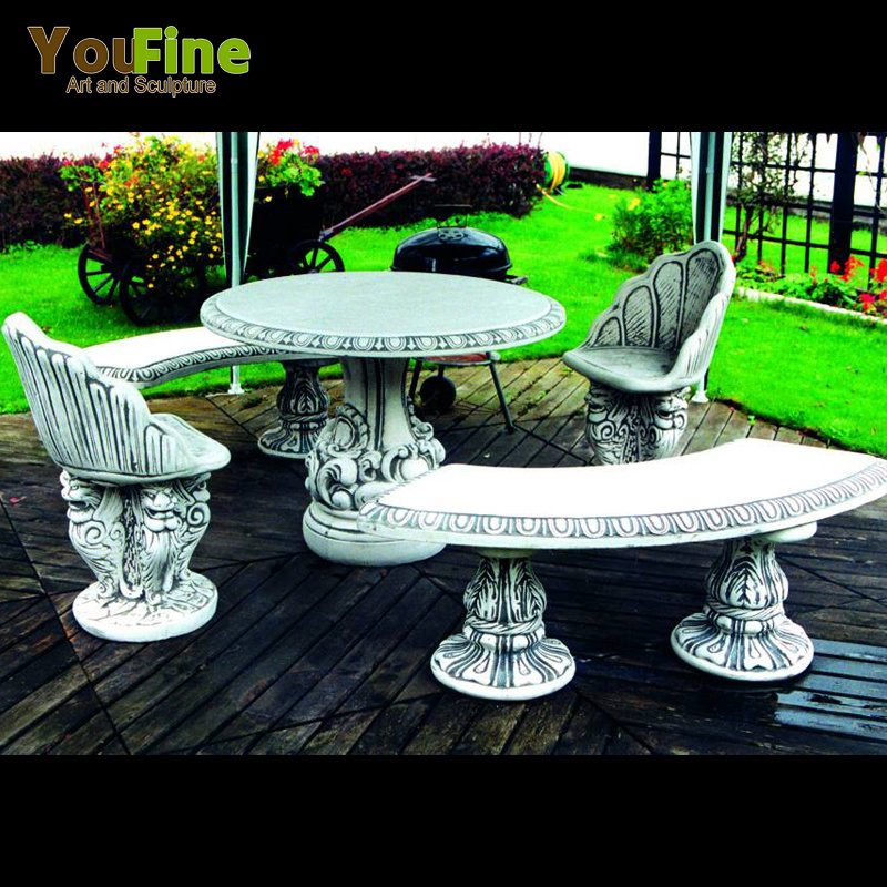 Garden stone round tables and benches for decor