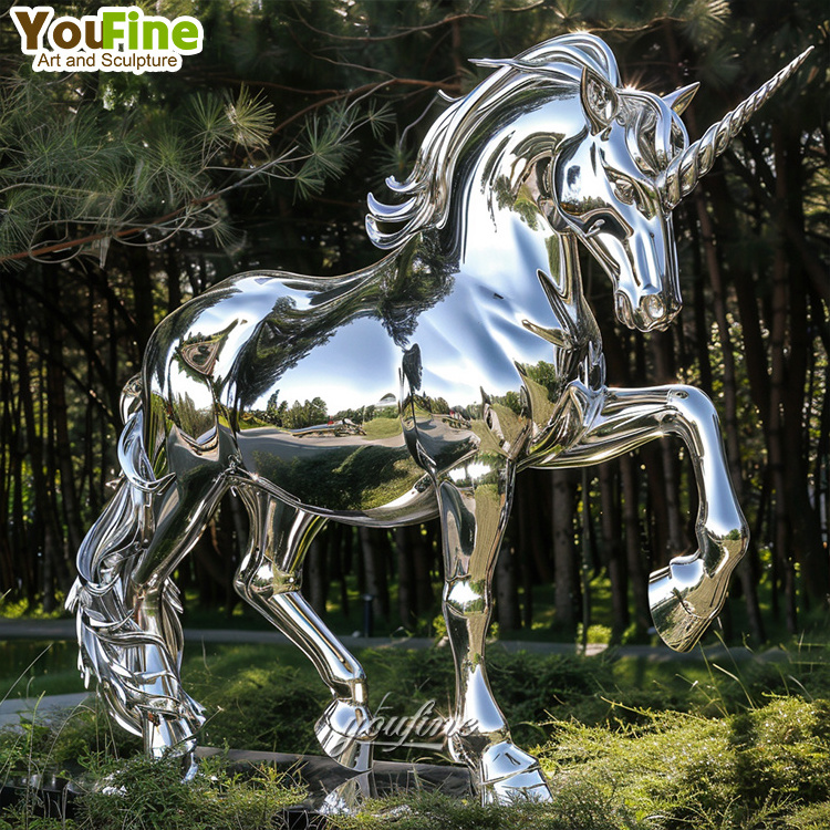 Outdoor Garden Decor Modern Mirror Stainless Steel Unicorn Sculpture Statue