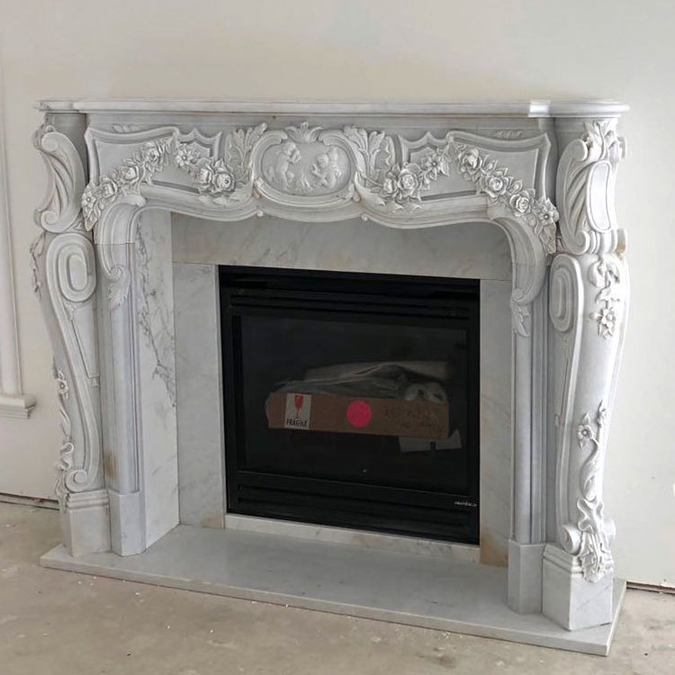 Indoor Freestanding Carved White Marble Decorative Stone Fireplace Mantle