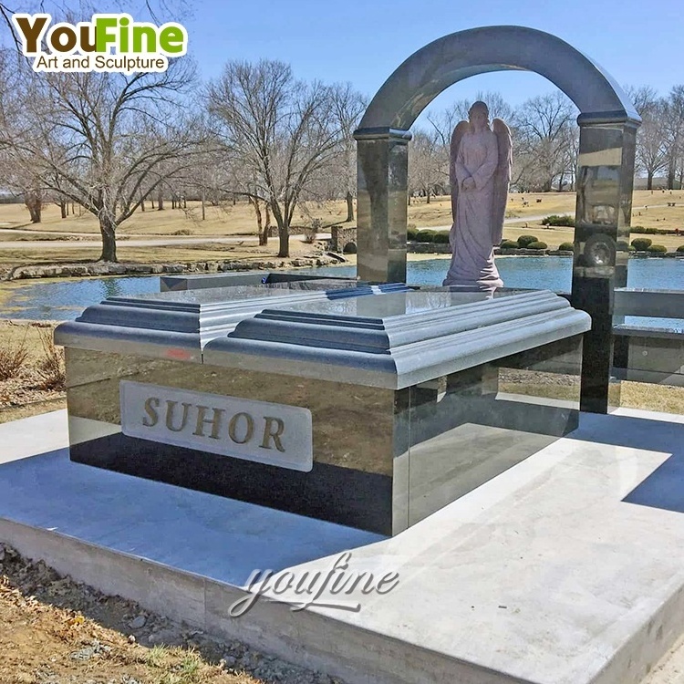 Popular custom black marble Double tomb headstone with angel statue for sale