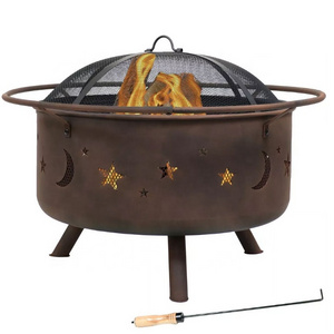 Outdoor Camping or Backyard Round Cosmic Stars and Moons Fire Pit with Cooking Grill Grate Spark Screen and Log Poker