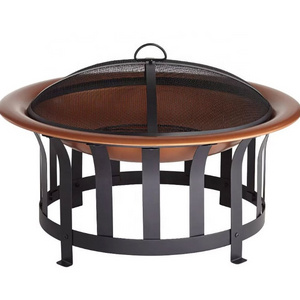 Copper and Black Outdoor Round 30" Steel Wood Burning Fire Pit with Screen and Fire Poker for Backyard Patio Camping