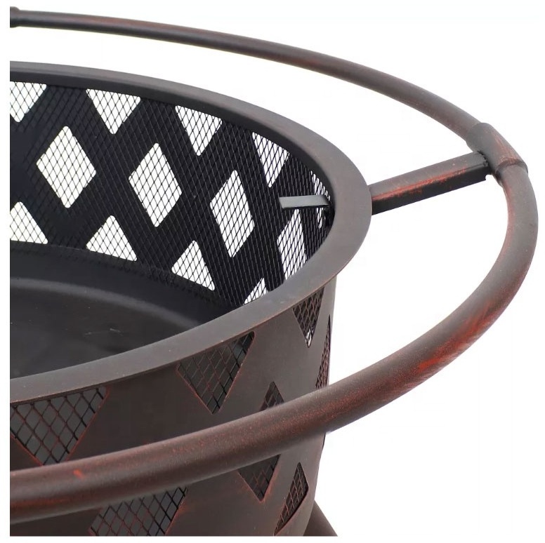 Bronze Outdoor Camping or Backyard Crossweave Cut Out Fire Pit with Spark Screen Log Poker and Metal Wood Grate