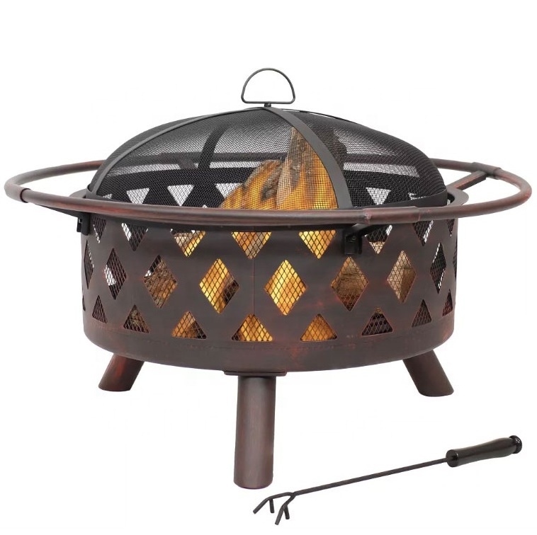 Bronze Outdoor Camping or Backyard Crossweave Cut Out Fire Pit with Spark Screen Log Poker and Metal Wood Grate