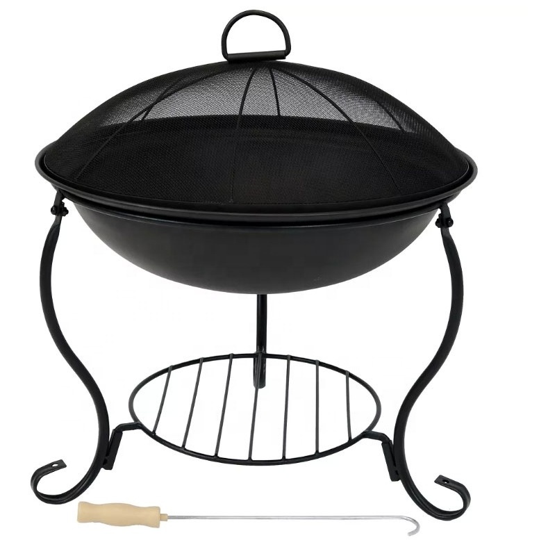 Black Outdoor portable Camping or Backyard Patio Steel Round Wood Burning Fire Pit on Stand with Spark Screen