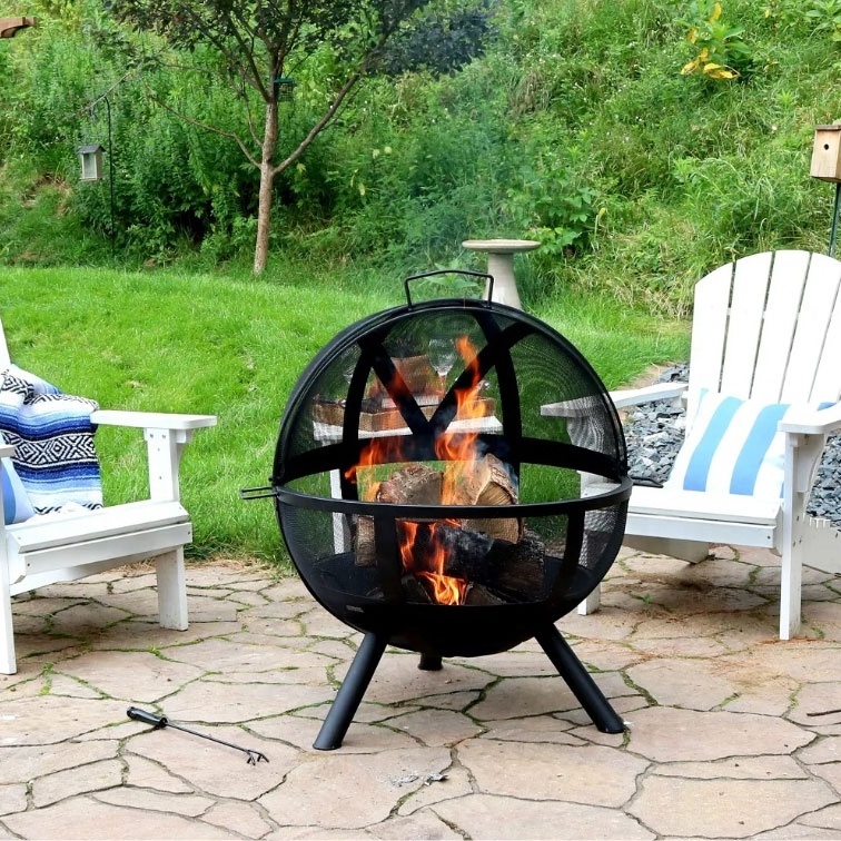 Black Metal Steel Outdoor Large Round Pit Patio Fireplace Portable Camping or Backyard Flaming Sphere Ball Fire Pit