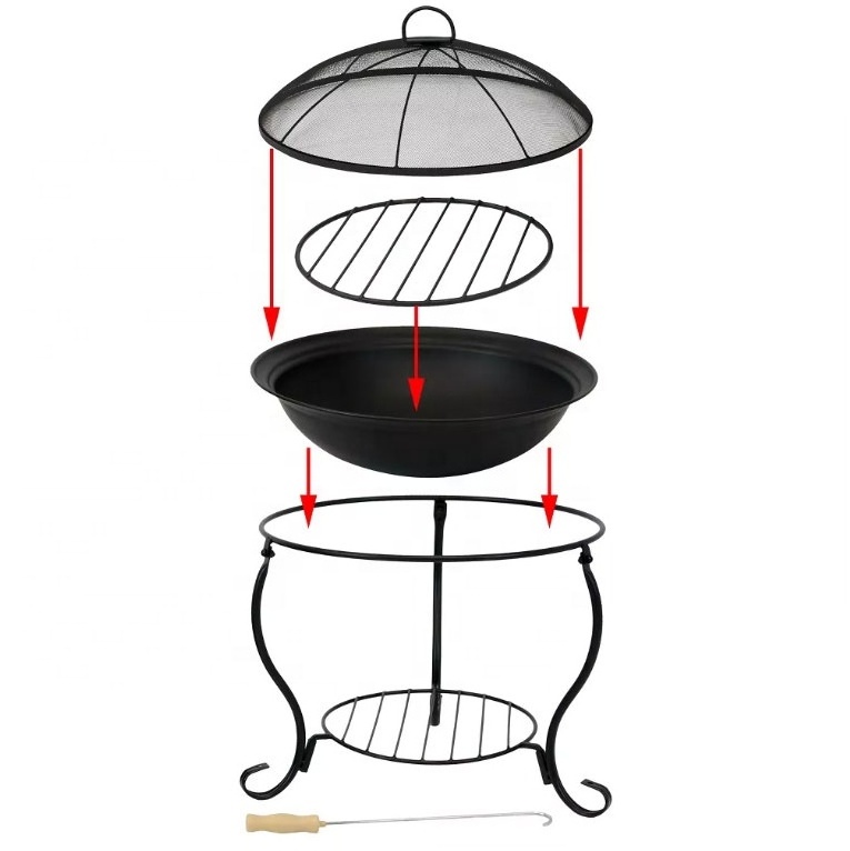 Black Outdoor portable Camping or Backyard Patio Steel Round Wood Burning Fire Pit on Stand with Spark Screen