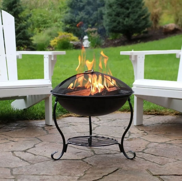 Black Outdoor portable Camping or Backyard Patio Steel Round Wood Burning Fire Pit on Stand with Spark Screen