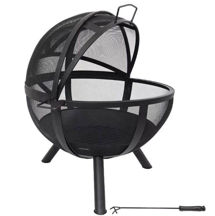 Black Metal Steel Outdoor Large Round Pit Patio Fireplace Portable Camping or Backyard Flaming Sphere Ball Fire Pit