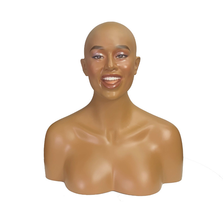 H9 Newly designed high quality  Fiberglass African Skin Female Laughing Mannequin Head with Shoulders for wig hair