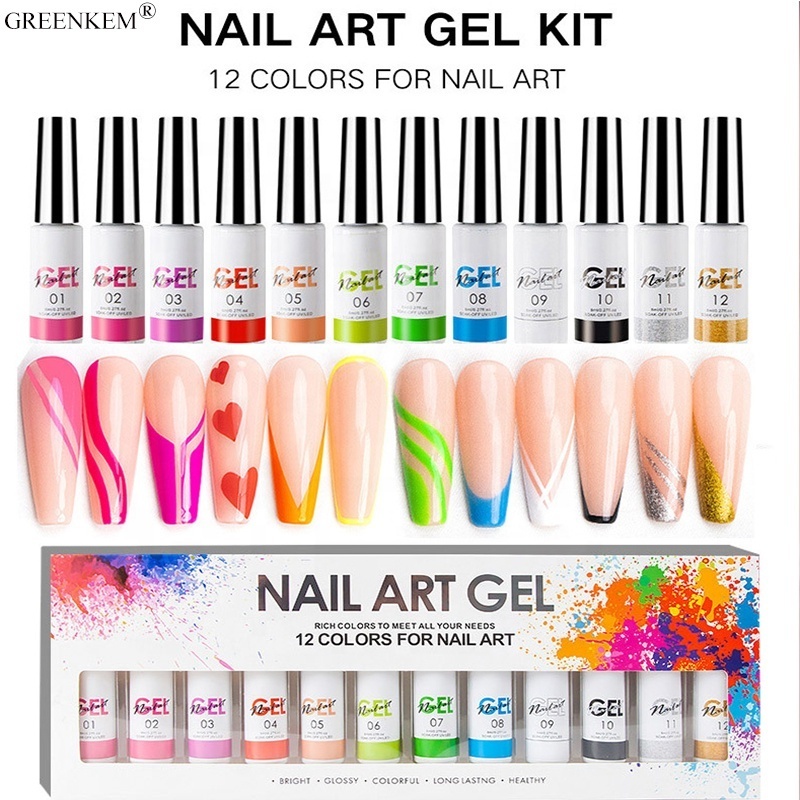 12Colors Set Private Label OEM Painting Gel Nail Art Nail Box Kit Gel 3D Painted Nail Pull Glues Painting Liner UV Gel Polish