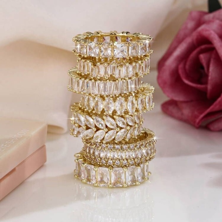 Free Shipping 18K Gold Plated Silver Plating Wedding Ring Women CZ Eternity Band Stack Baguette Cubic Zirconia Finger Ring