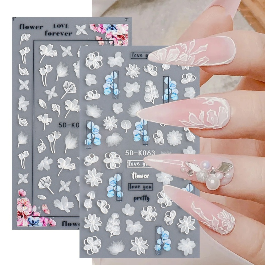 GREENKEM 6D Acrylic Engraved Nail Sticker Embossed White Pink Butterfly Flower Water Decals Empaistic Flower 5D Nail Stickers