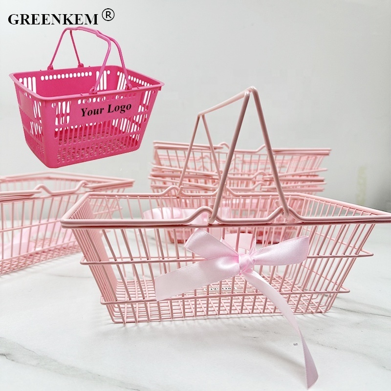 New 3 Styles Sizes Kawaii Pink Iron Art Mini Shopping Basket Cute Creative Photo Props Ornaments Home Decorative Storage Basket