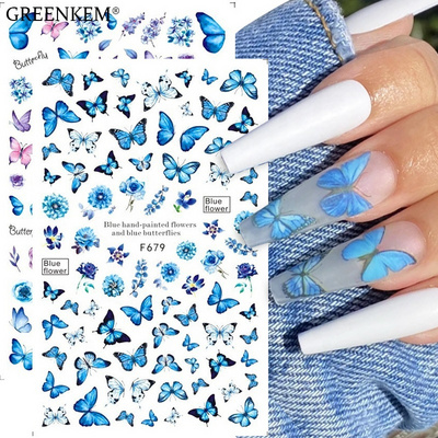 GREENKEM Ultra-thin Adhesive Blue Black Decals Spring Theme Flowers Gold Moon Star 3D Holographic Butterflies Nail Stickers