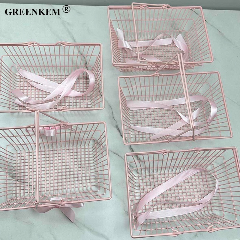 New 3 Styles Sizes Kawaii Pink Iron Art Mini Shopping Basket Cute Creative Photo Props Ornaments Home Decorative Storage Basket