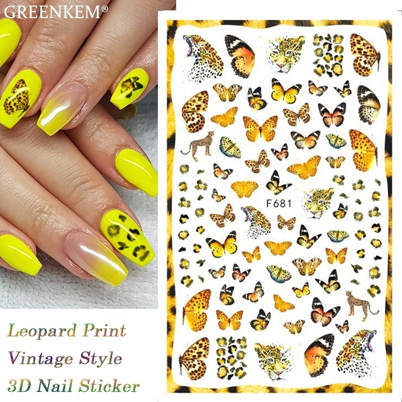 GREENKEM Ultra-thin Adhesive Blue Black Decals Spring Theme Flowers Gold Moon Star 3D Holographic Butterflies Nail Stickers