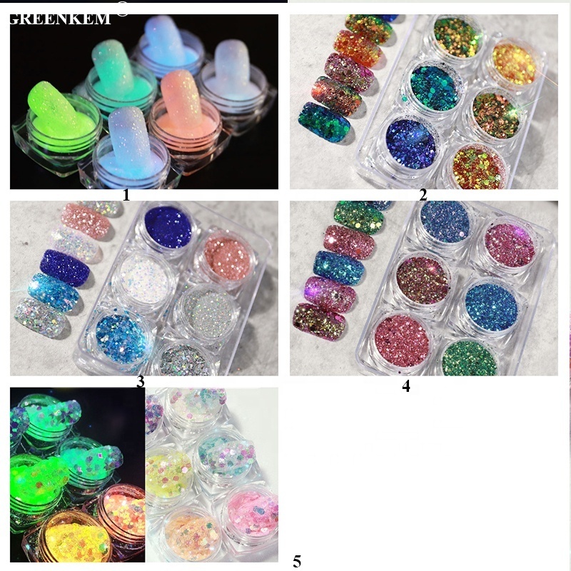 Wholesale 6Colors Iridescent Color Fine Shiny Glitter Powder For Nail Art DIY Glow In Dark Acrylic Luminous Powder Nail Glitter