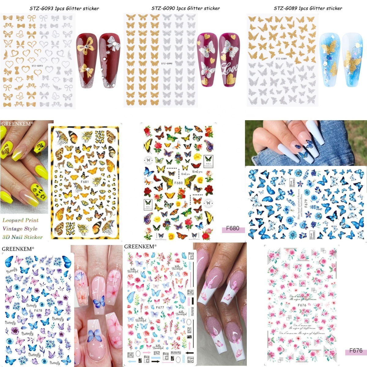 GREENKEM Ultra-thin Adhesive Blue Black Decals Spring Theme Flowers Gold Moon Star 3D Holographic Butterflies Nail Stickers