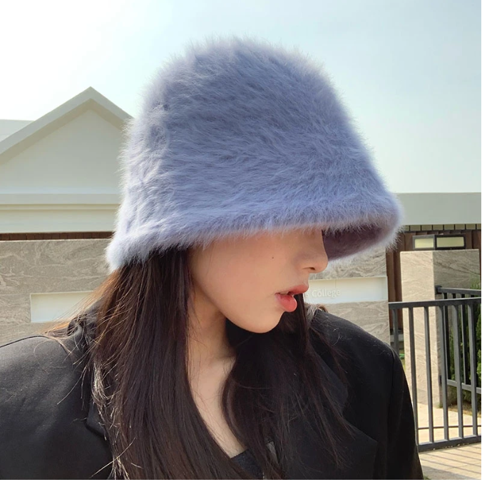 2023 retro knitted wool basin Hat winter women's fashion Solid color rabbit fur hat bucket  fisherman's hat