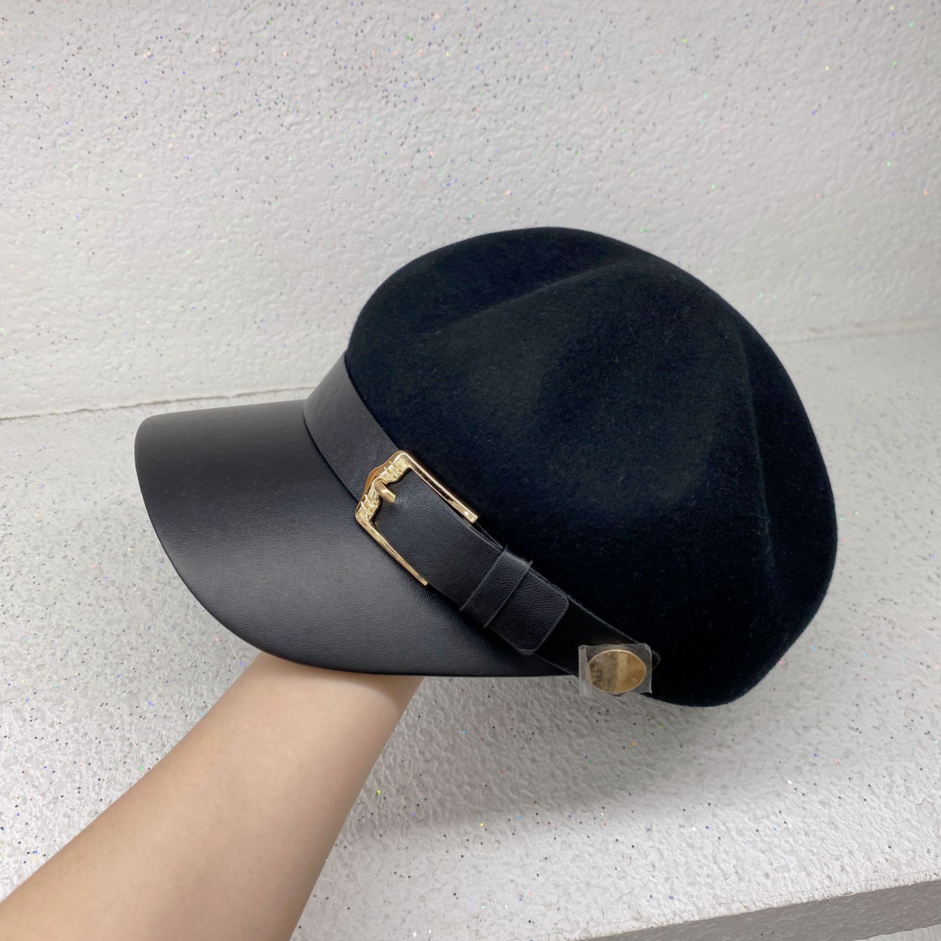 British Style Round Dome Cashmere Peaked Baseball Cap Retro Autumn Winter Wool Octagonal Bowler Hat With Leather Belt for Lady