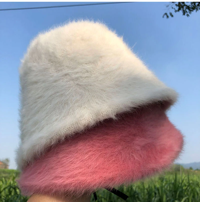 2023 retro knitted wool basin Hat winter women's fashion Solid color rabbit fur hat bucket  fisherman's hat