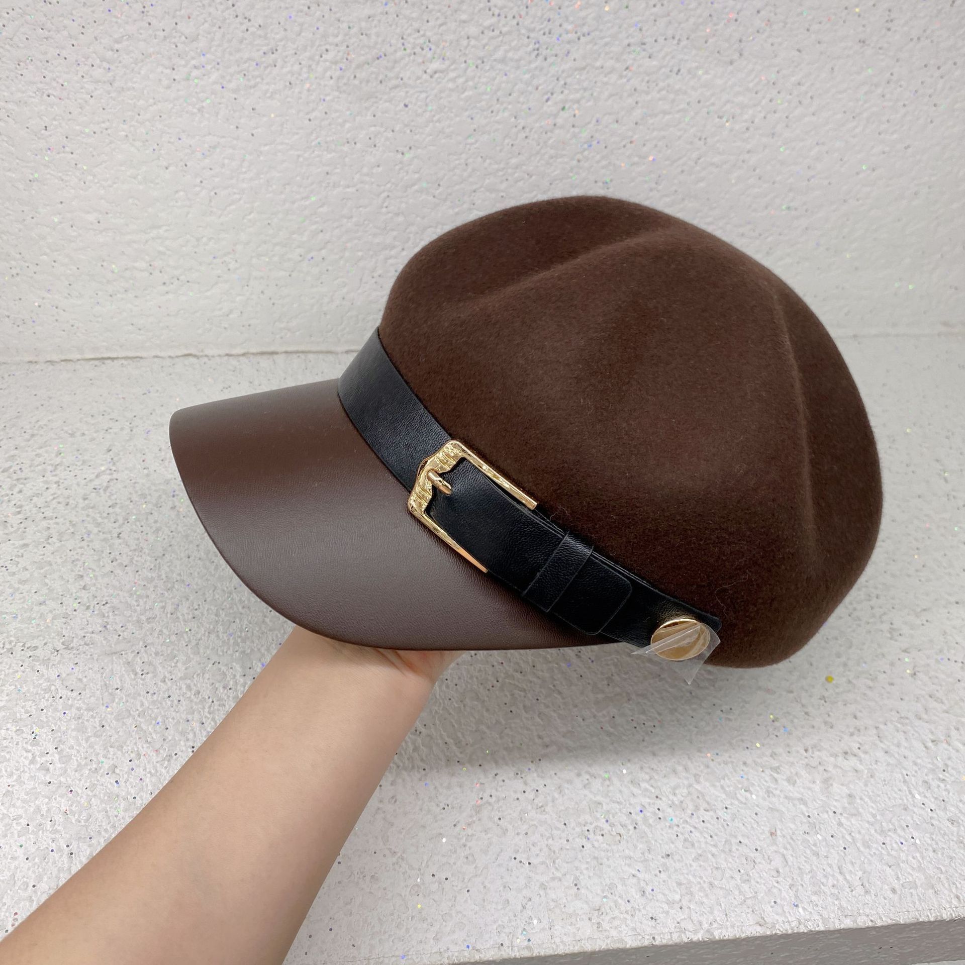 British Style Round Dome Cashmere Peaked Baseball Cap Retro Autumn Winter Wool Octagonal Bowler Hat With Leather Belt for Lady