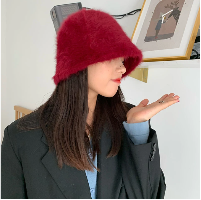 2023 retro knitted wool basin Hat winter women's fashion Solid color rabbit fur hat bucket  fisherman's hat