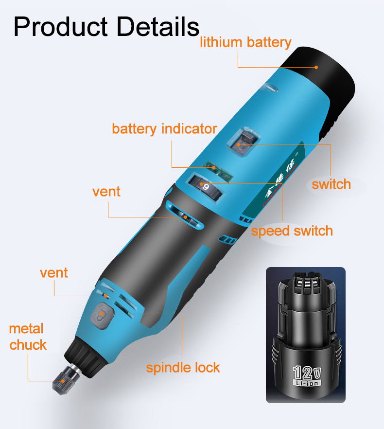 Mini Rotary Tool 12V Li-ion Battery Power Tool USB Charging Cordless Mini Grinder Engraver Electric Rotary Tool Grinder