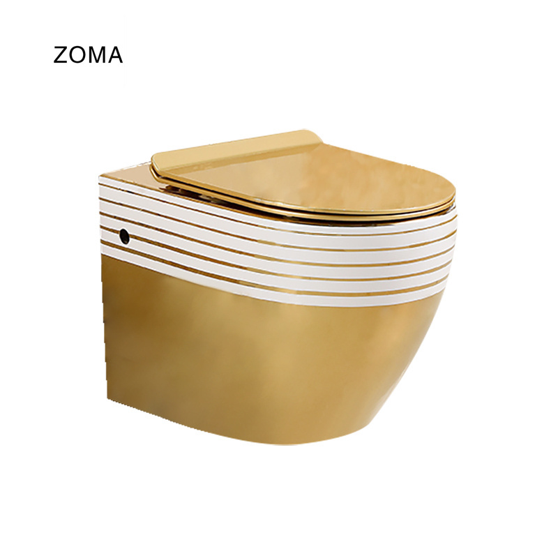 Electroplating Gold Hidden Tank  Wall Hung Soft Close UF Seat Cove Siphon Flushing One Piece Ceramic Toilet for Bathroom