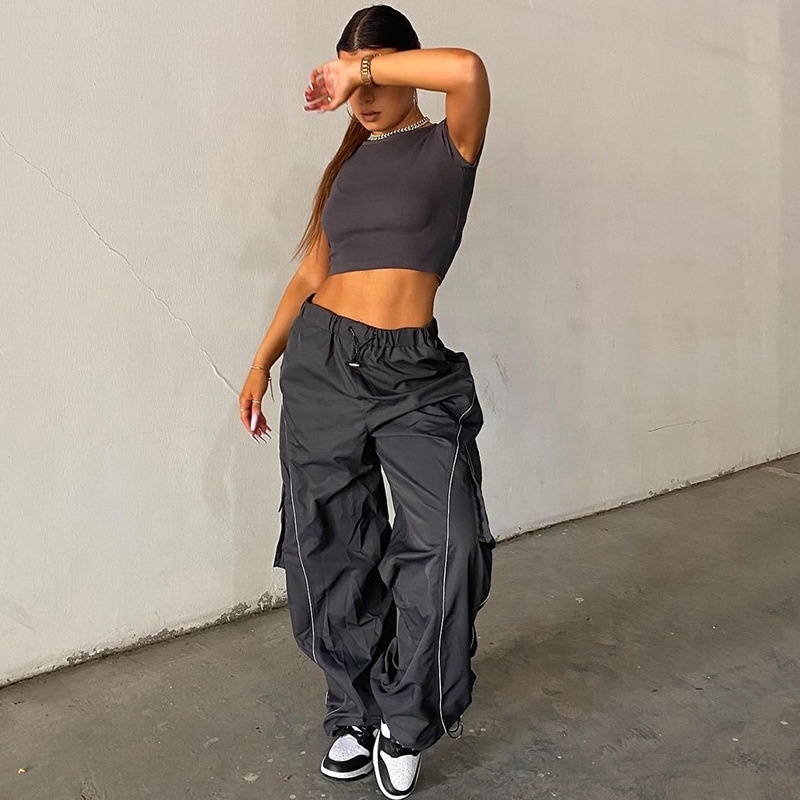 Fashion Street Wear Casual Multiple Pockets Black Cargo Loose  Sweat Pants Stripe BaggyJogger Trousers sweatpants y2k trousers