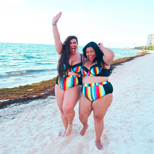 2020 Wholesale high waisted deep v neck push up plus size swimsuit rainbow striped bikini fat women swimwear