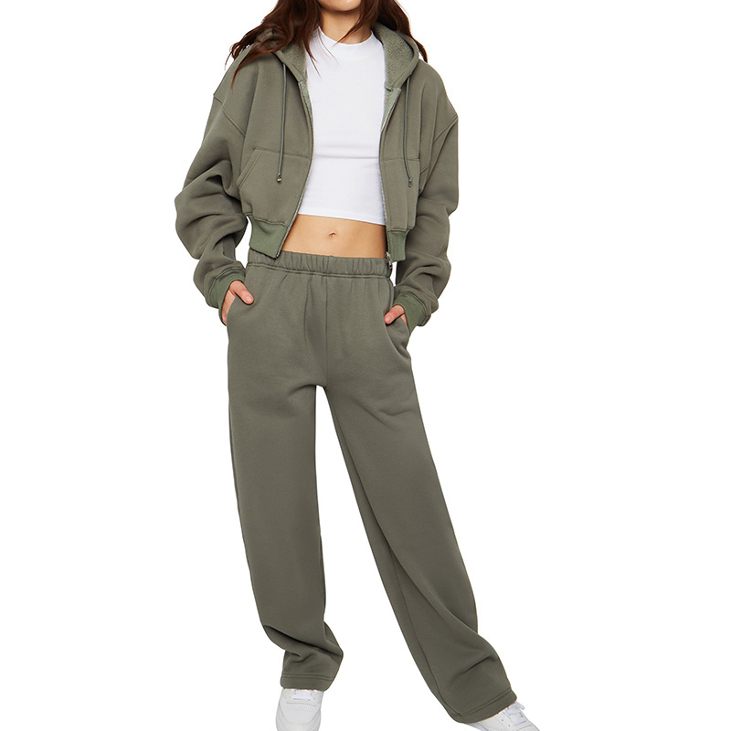 New Patch Pockets Relaxed Ribbed Cuffs and Hem Cotton Oversized Cropped Soft Fleece Women Hoodie and Flared Sweatpants Sets