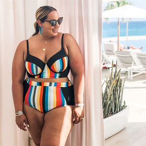 2020 Wholesale high waisted deep v neck push up plus size swimsuit rainbow striped bikini fat women swimwear