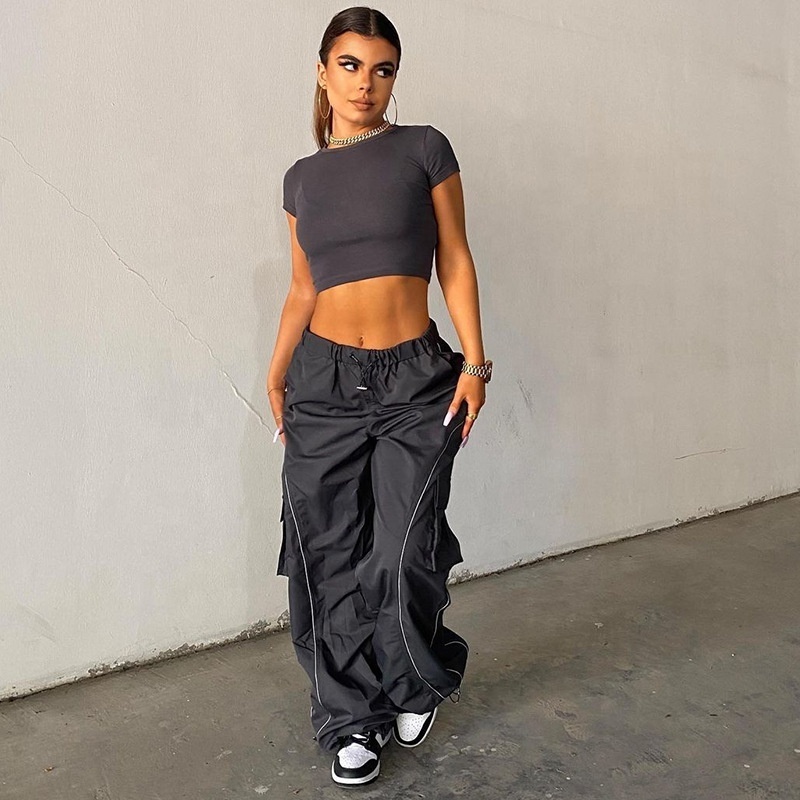 Fashion Street Wear Casual Multiple Pockets Black Cargo Loose  Sweat Pants Stripe BaggyJogger Trousers sweatpants y2k trousers