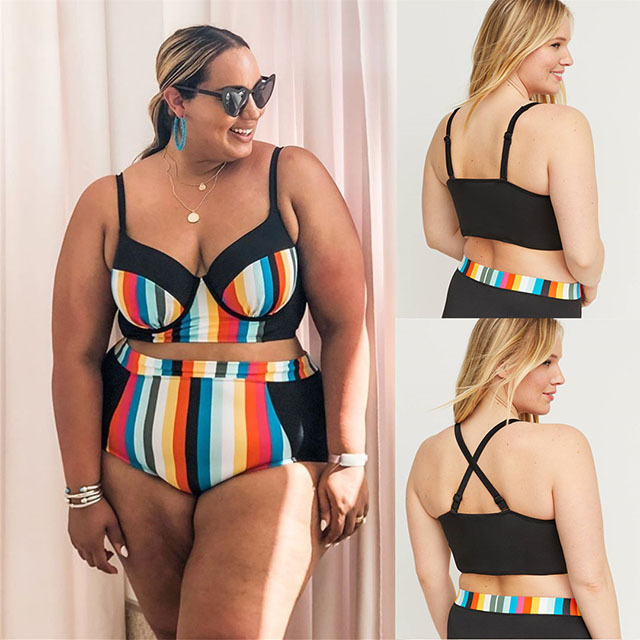 2020 Wholesale high waisted deep v neck push up plus size swimsuit rainbow striped bikini fat women swimwear