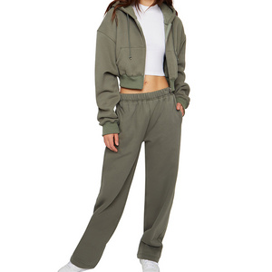 New Patch Pockets Relaxed Ribbed Cuffs and Hem Cotton Oversized Cropped Soft Fleece Women Hoodie and Flared Sweatpants Sets