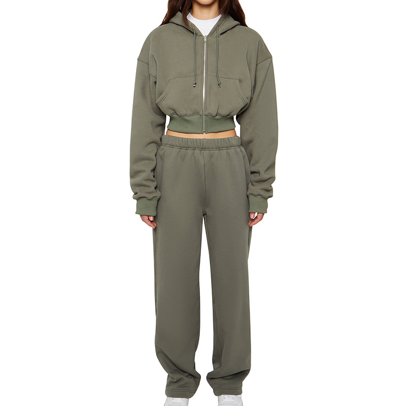 New Patch Pockets Relaxed Ribbed Cuffs and Hem Cotton Oversized Cropped Soft Fleece Women Hoodie and Flared Sweatpants Sets