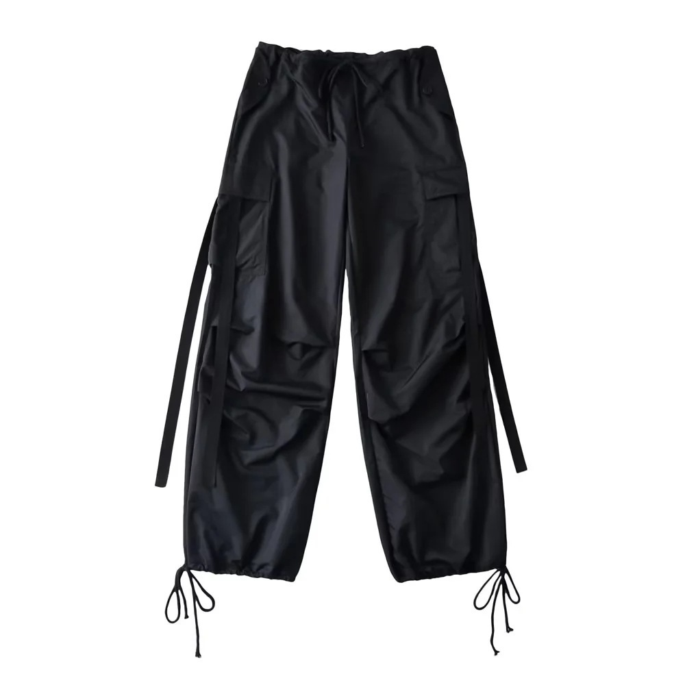 ZN streetwear professional custom Y2K streetwear parachute pants women loose petite nylon wide leg straight pocket cargo