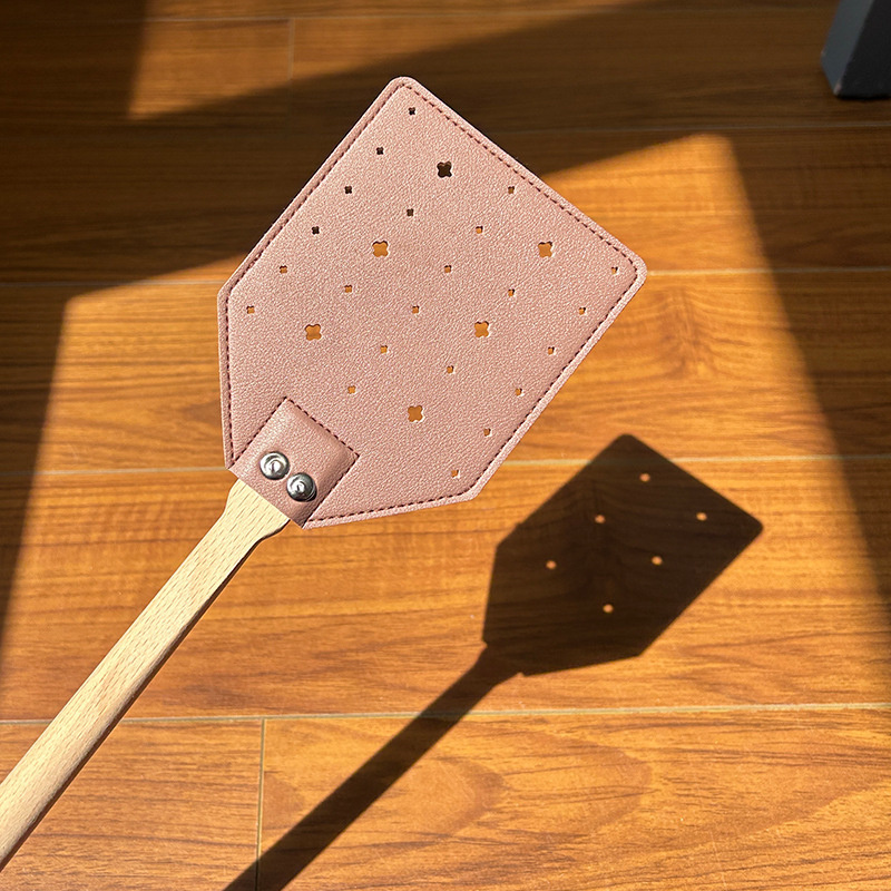 Solid Wood Extended Handle Fly Swatter Household Thickened Leather Mosquito Killing Racket