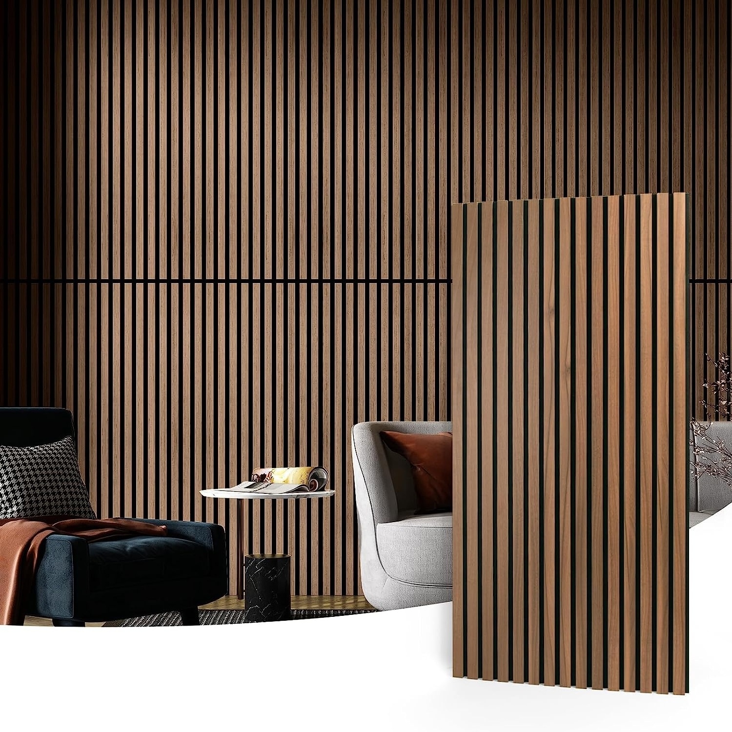 Walnut 3D Fluted Sound Absorbing Wood Slat Acoustic Panels for Wall and Ceiling