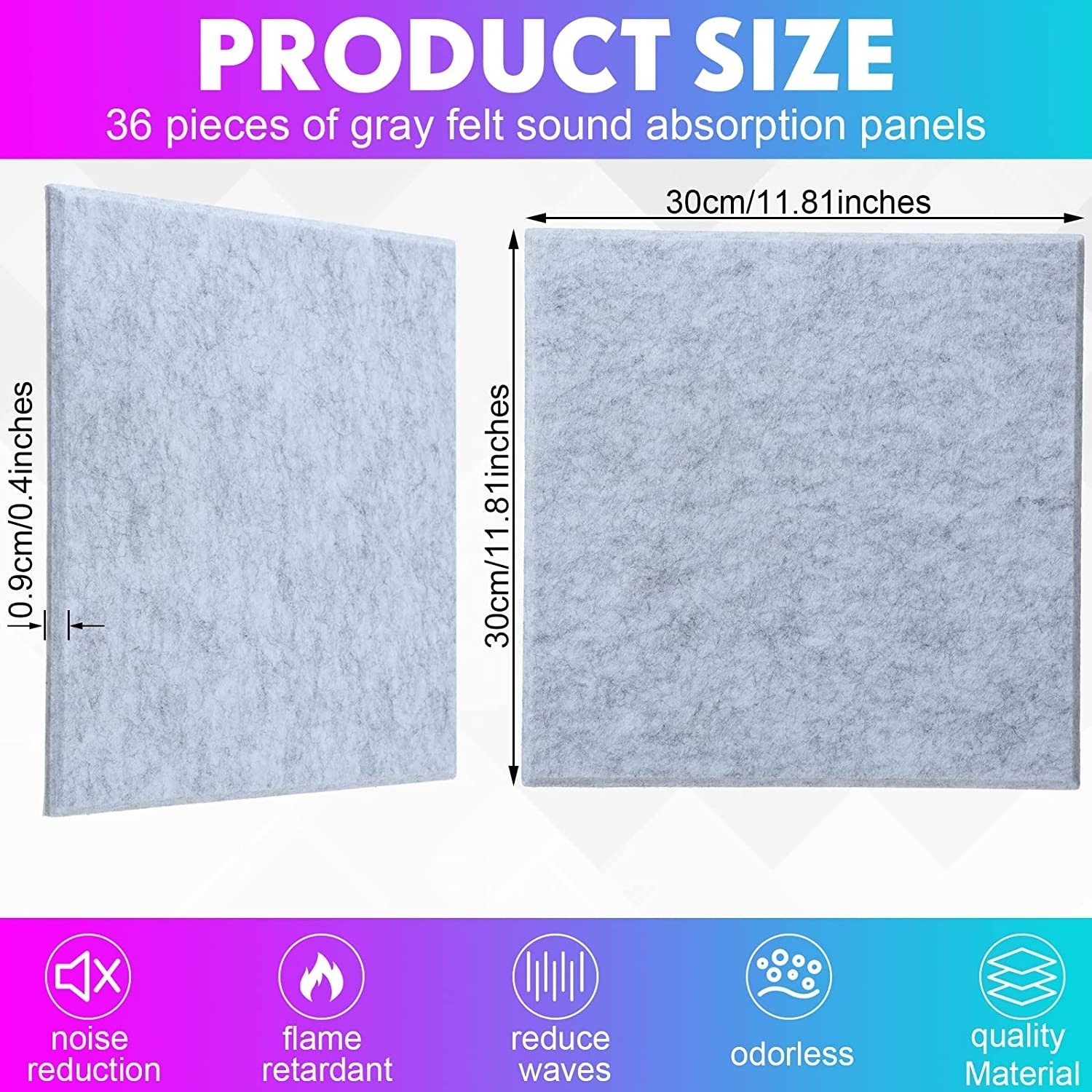 12 x 12 inch 9 mm Thick Beveled Edge Self Adhesive Sound Absorbing PET Felt Acoustic Panels for Studio Home and Office Wall