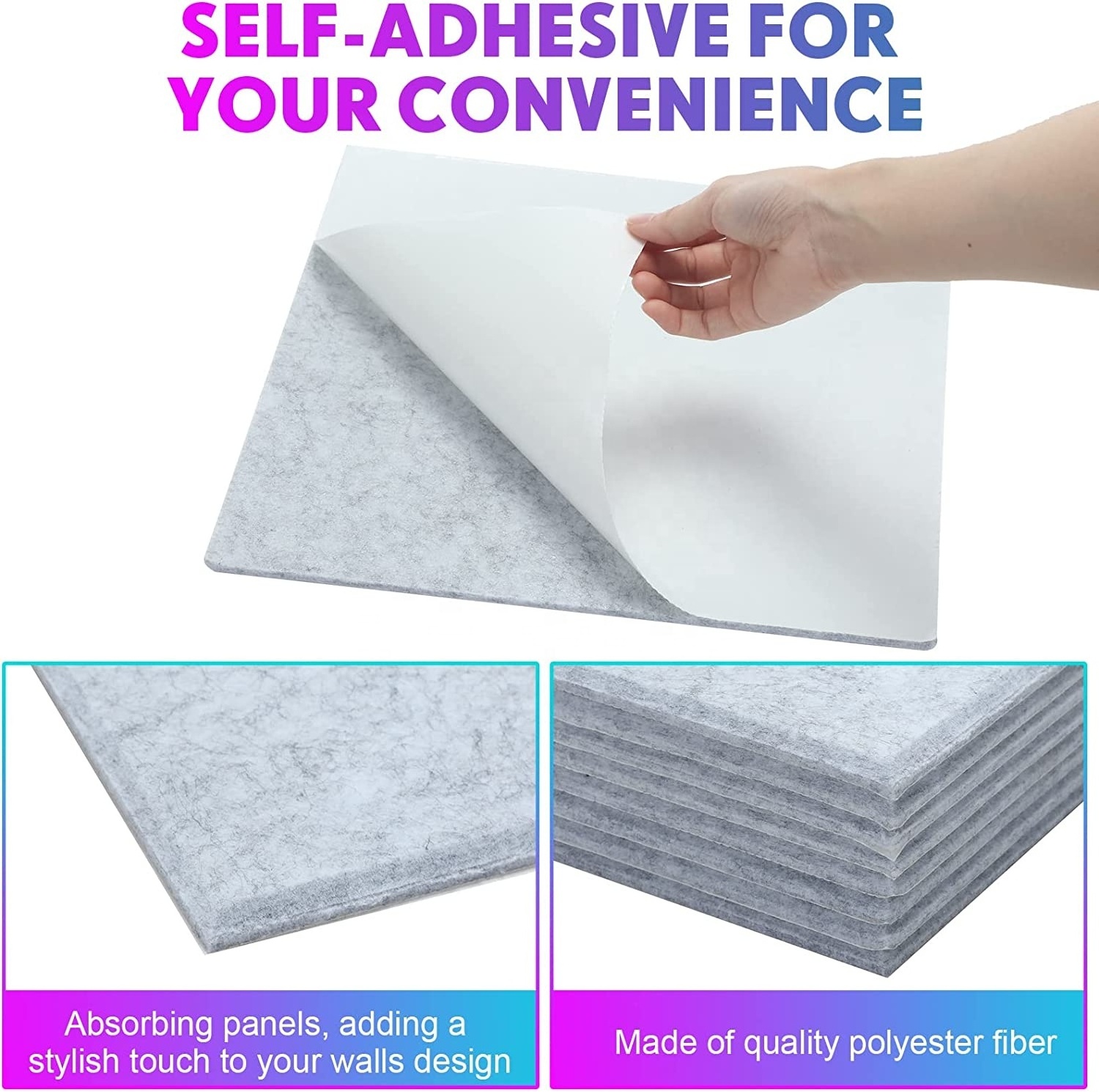 12 x 12 inch 9 mm Thick Beveled Edge Self Adhesive Sound Absorbing PET Felt Acoustic Panels for Studio Home and Office Wall