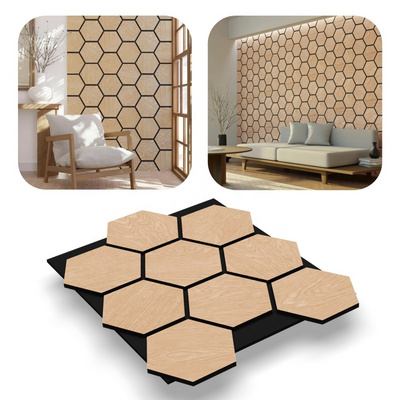 Light Oak Wood Sound Absorbing Panel Akupanel PET Light Oak Wooden Hexagon Slat Acoustic Panel for Home Hotel Coffee Shop Walls