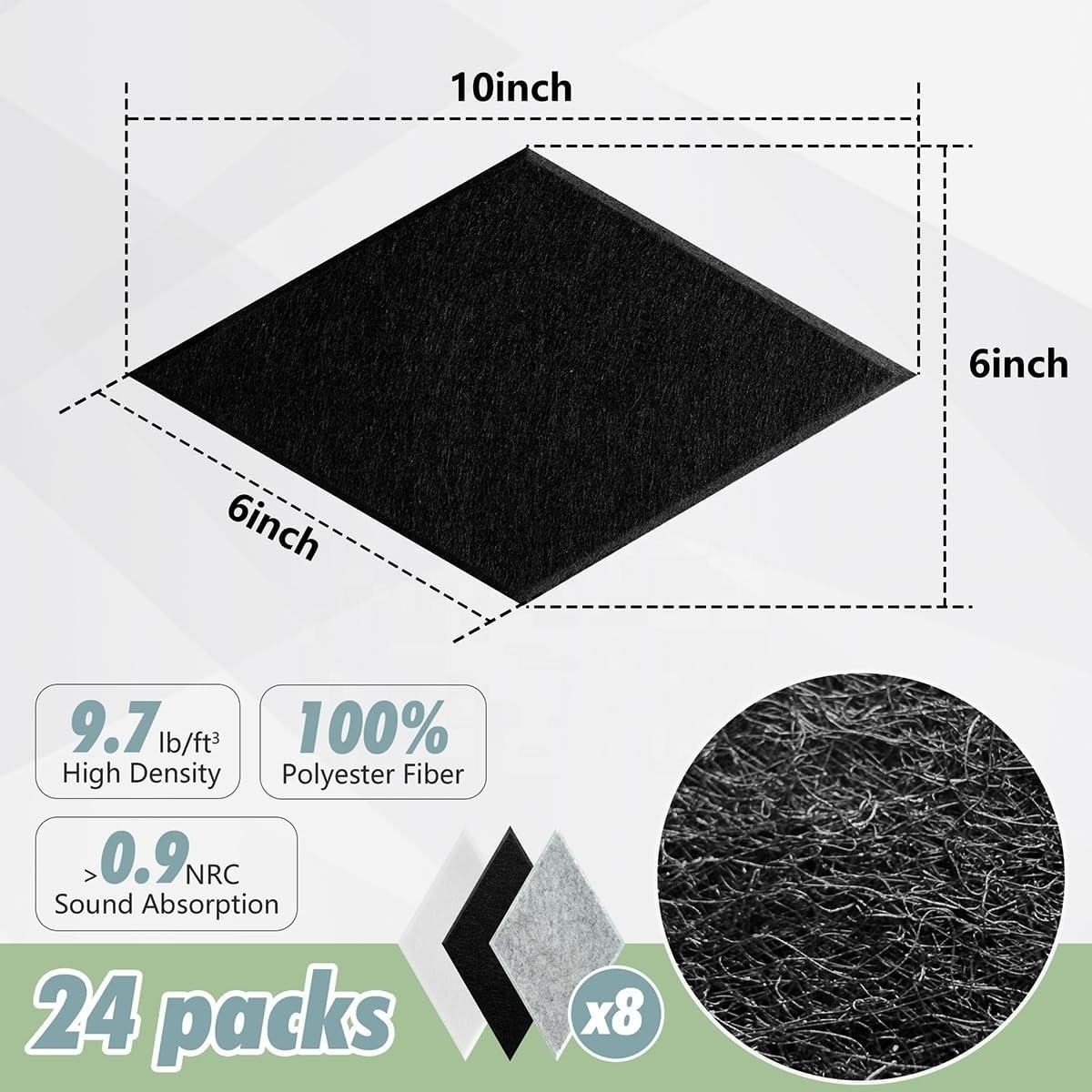 24 Pack Black White Grey Rhombic Self-Adhesive Sound Dampening Panels PET Felt Sound Proof Foam Panels for Wall Ceiling Decor