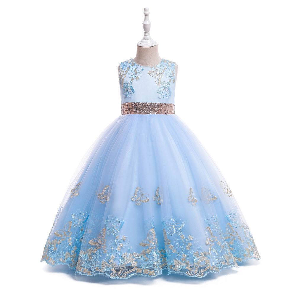 Kids Long Evening Gown Butterfly Embroidery Puffy Tulle Princess Girl Party Wear Teenager Tutu Dresses