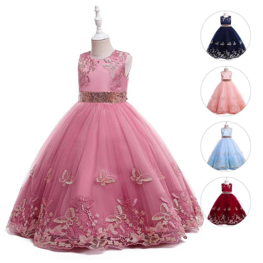 Kids Long Evening Gown Butterfly Embroidery Puffy Tulle Princess Girl Party Wear Teenager Tutu Dresses