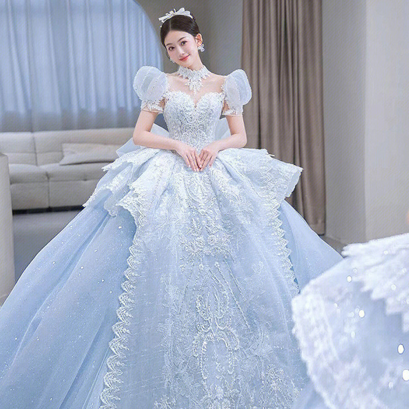 ZX-04 Princess Wedding Gown Main New Summer 2023 Luxury Court Fairy Big Trailing Blue Evening Wedding Dress For Bride