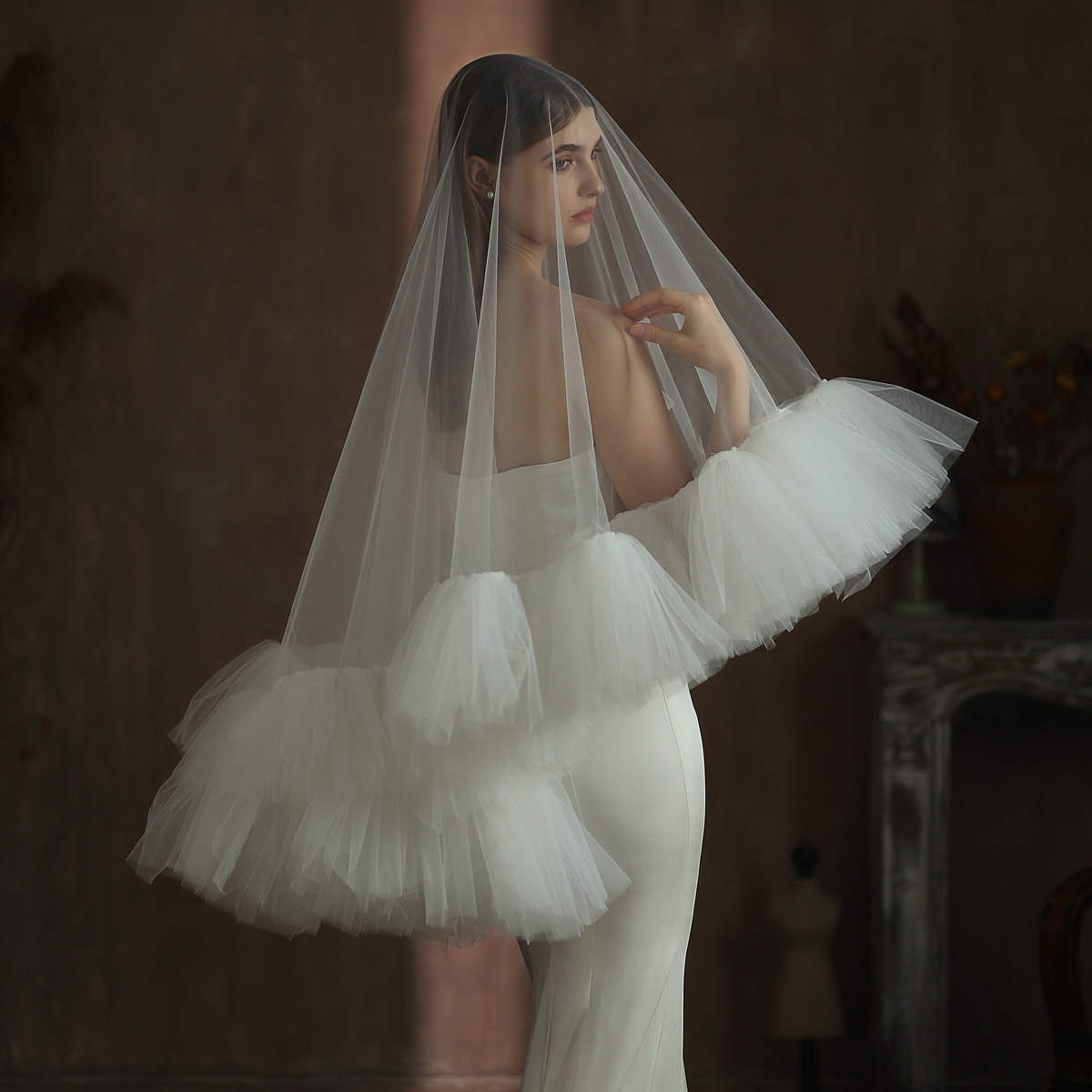 2885 High Quality New Bride 150 cm One Layer Ruffles Hem Wedding Veils Romantic Outdoor Face Cover Bridal Veil