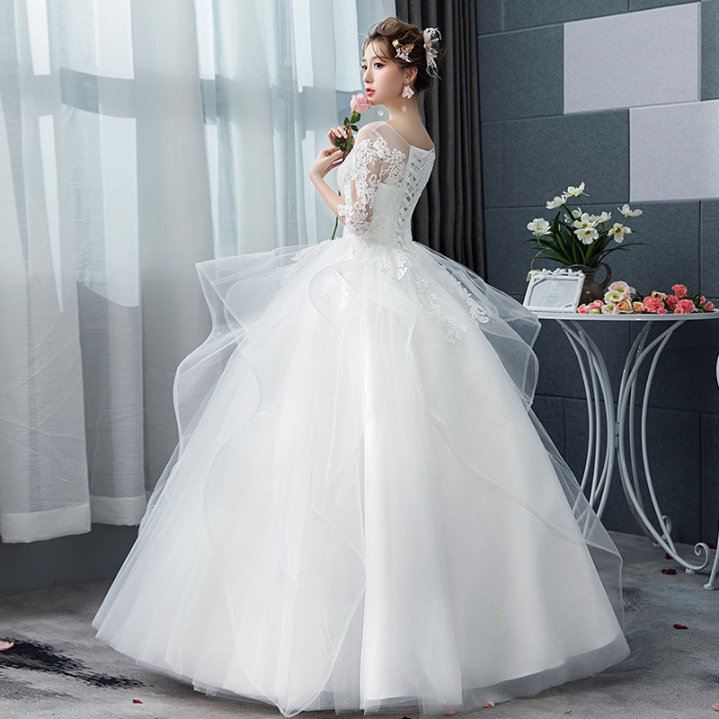 DM501 Korean Style Princess Puffy White Lace Dress Bride Outdoor Full Length Marriage Party Dresses